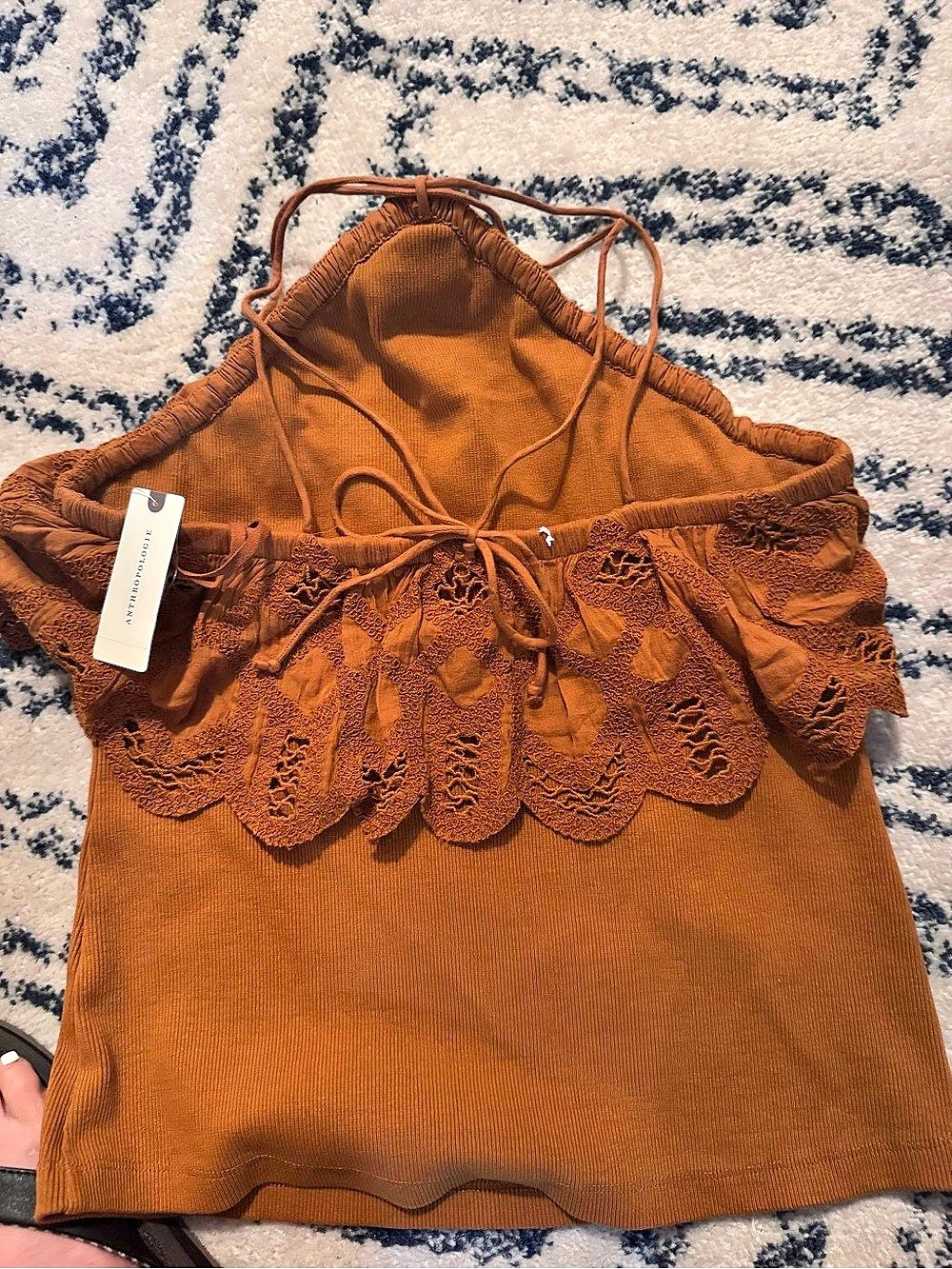 Anthropologie Ribbed Ruffle Halter Tank Top Lace Cami Top in Brown Size Medium